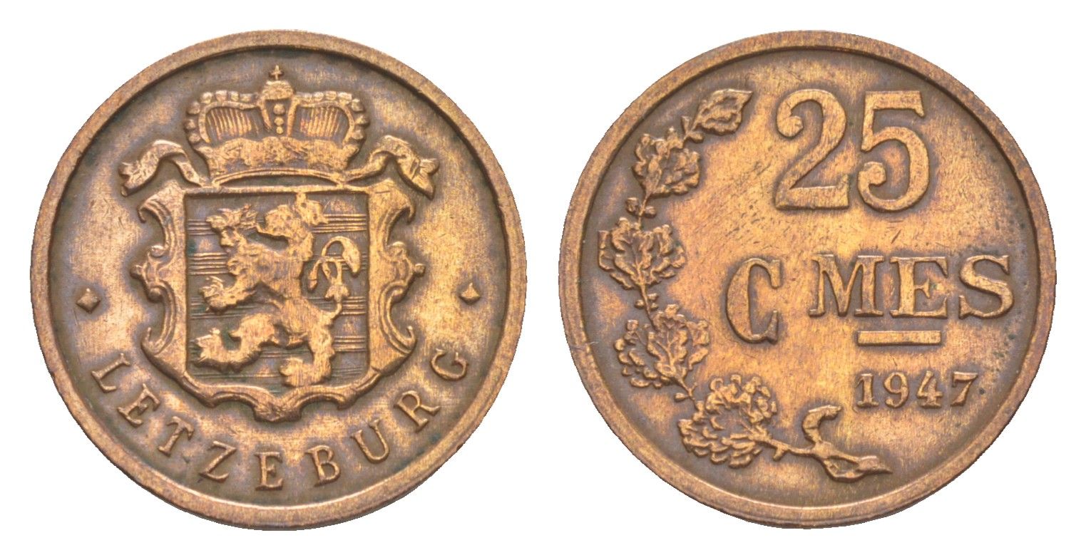 Люксембург 25 сантимов 1947 Шарлотта (1918-1964) KM 45 бронза 4115-435