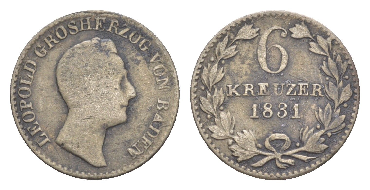 Баден 6 крейцеров 1831 Леопольд (1830-1852) KM 198 серебро 1518-324