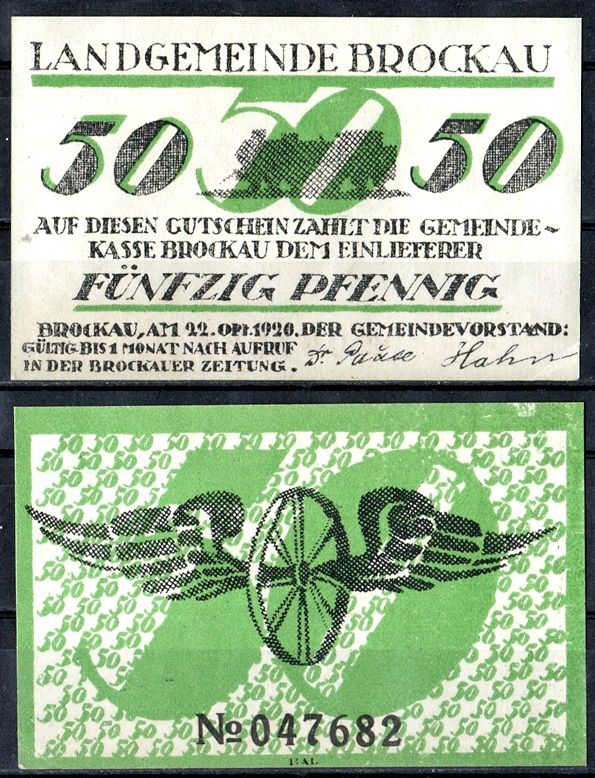 Брокау (Пруссия, Нижняя Силезия) 50 пфеннигов 1920 Mehl Grabowski 189a.1-3/3 бумага UNC (пресс) 7555-52-1-2
