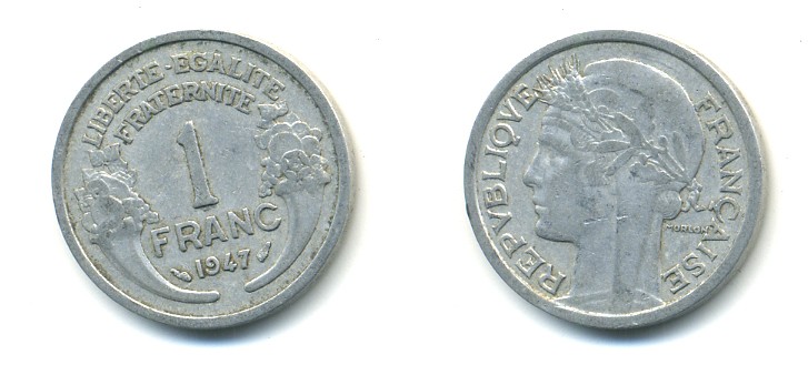 ФРАНЦИЯ 1 ФРАНК 1947 KM 885а.1 алюминий 4364-256