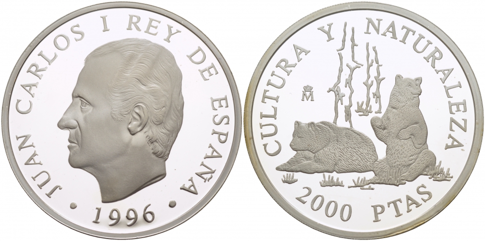 Испания 2000 песет 1996 серия культура и природа, медведь KM 967 серебро  PROOF  11-255-12