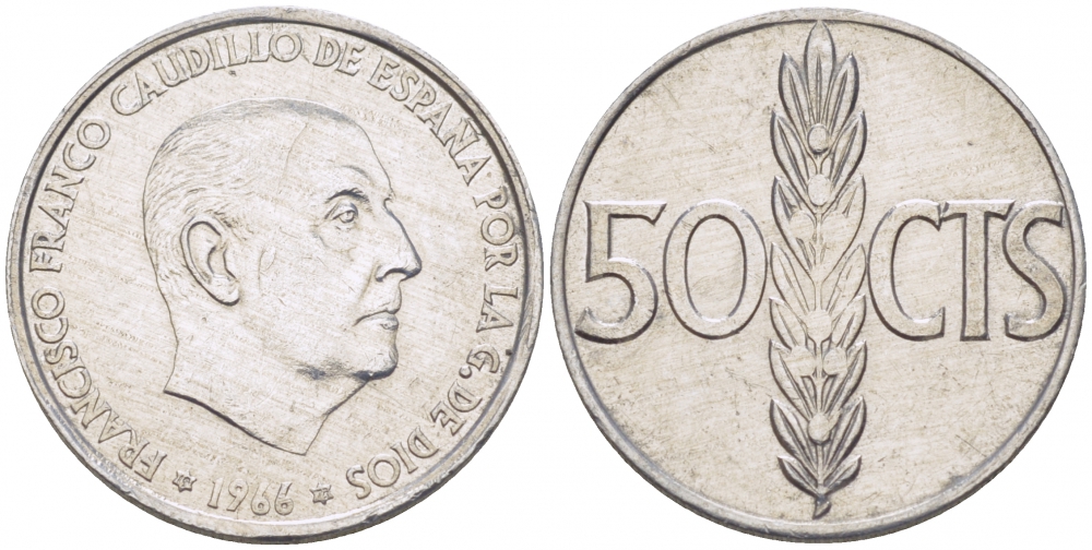 ИСПАНИЯ 50 СЕНТИМО 1966 (73) ФРАНСИСКО ФРАНКО ДИКТАТОР ИСПАНИИ (1939-1975) KM 795 алюминий 3718-331