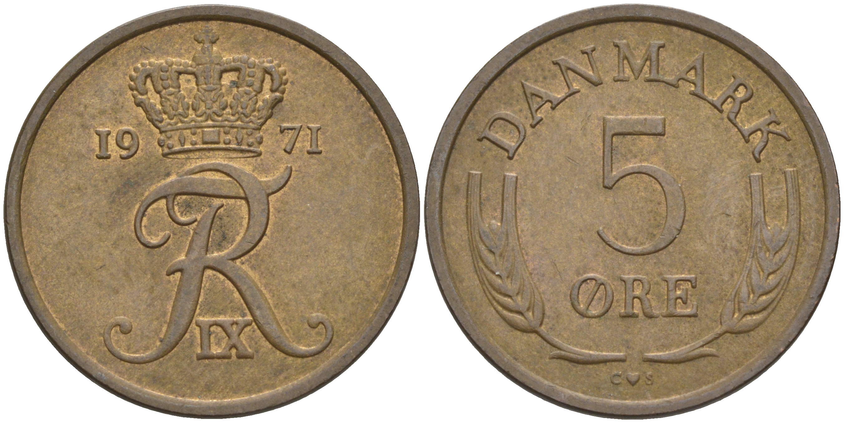 ДАНИЯ 5 ЭРЕ 1971 C; S, ФРЕДЕРИК IX (1947-1972) KM 848.1 бронза 106-122