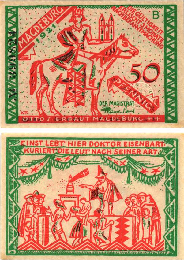 МАГДЕБУРГ 50 ПФЕННИГОВ 1921 НОТГЕЛЬД, ЗЕМЛЯ НИЖНЯЯ САКСОНИЯ-АНХАЛЬТ, БУКВА В Grabowski 857.1 бумага 8592-50-2-2