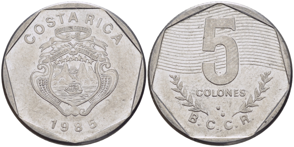 Коста-Рика 5 колонов 1985 B.C.C.R. KM 214.2 нержавеющая сталь 67-954