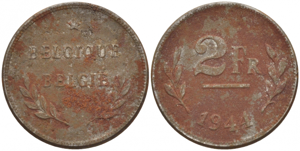 БЕЛЬГИЯ 2 ФРАНКА 1944 BELGIQUE-BELGIE KM 133 оцинкованная сталь 4528-845