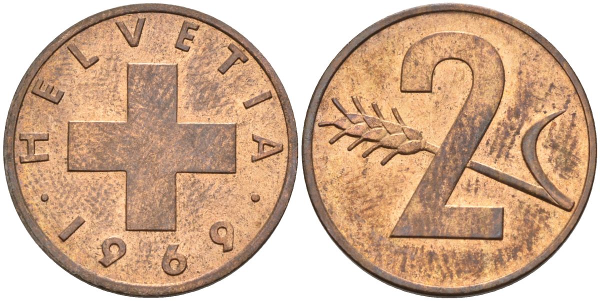 Швейцария 2 раппена 1969 KM 47 бронза 4592-552