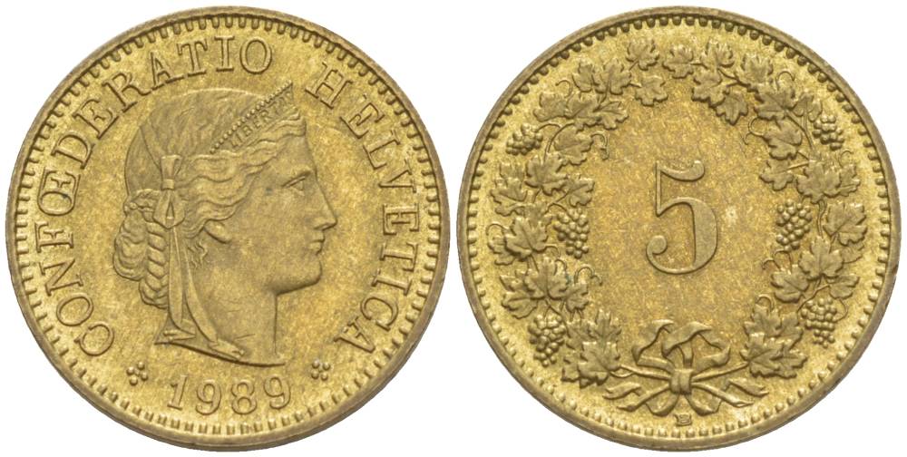 ШВЕЙЦАРИЯ 5 РАППЕНОВ 1989 В KM 26c алюминий латунь 4532-862