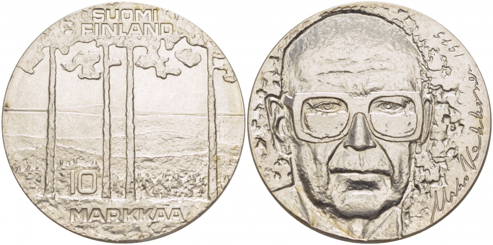 Финляндия 10 марок 1975 S-H, 75 лет президенту Урхо Кекконену KM 54 серебро UNC 1515-1624