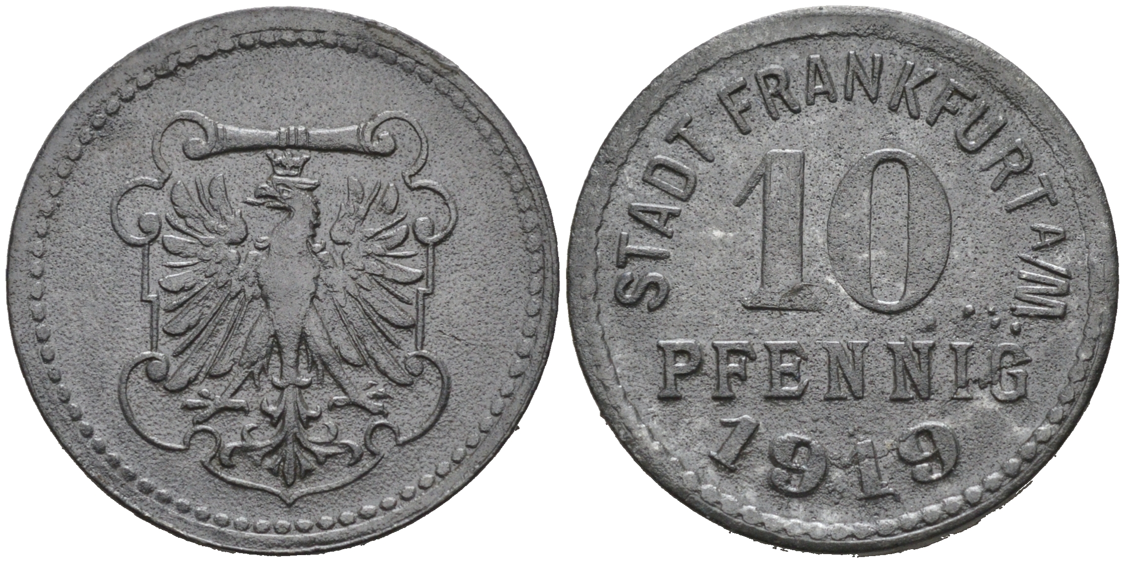 ФРАНКФУРТ-НА-МАЙНЕ 10 ПФЕННИГОВ 1919 НОТГЕЛЬД цинк 75-1416