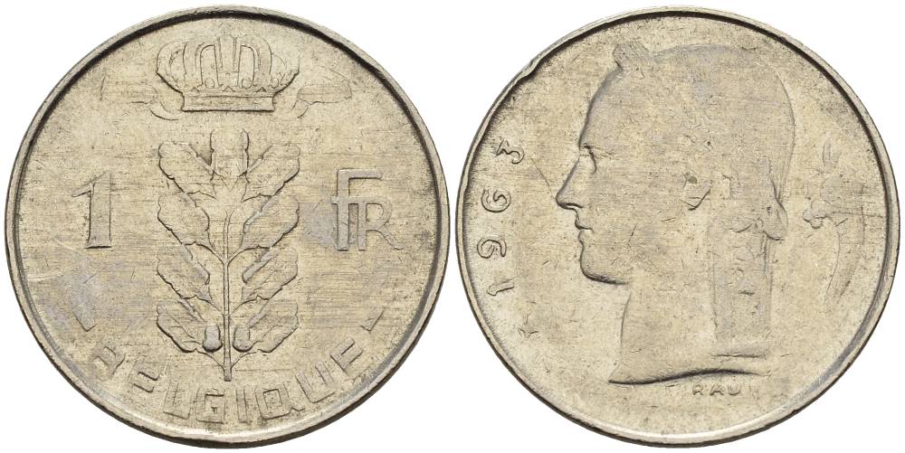 Бельгия 1 франк 1963 Belgique, Бодуэн I (1951-1993) KM 142.1 медно-никель 4546-451