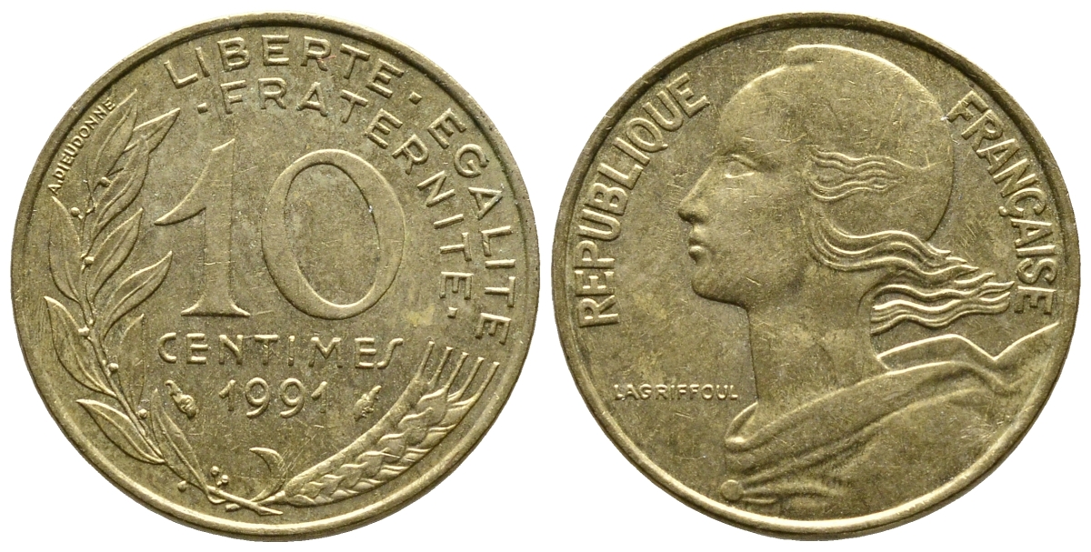 ФРАНЦИЯ 10 САНТИМОВ 1991 ТИП MARIANNE KM 929, LE FRANC 144.31 медь алюминий никель 93-1334