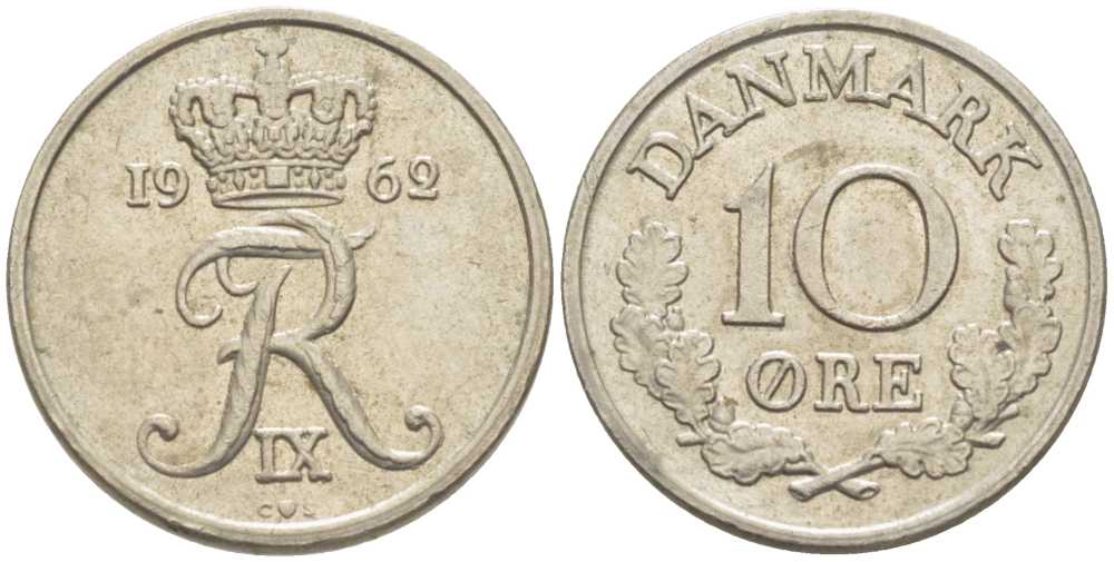ДАНИЯ 10 ЭРЕ 1962 C; S, ФРЕДЕРИК IX (1947-1972) KM 849.1 медно-никель 214-538