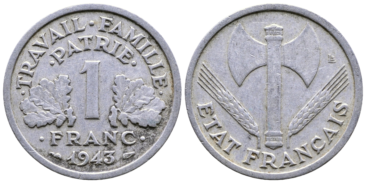 ФРАНЦИЯ 1 ФРАНК 1943 LB, ТИП LEGERE, ПРАВИТЕЛЬСТВО ВИШИ KM 902.1, LE FRANC 223.3 алюминий 51-4131