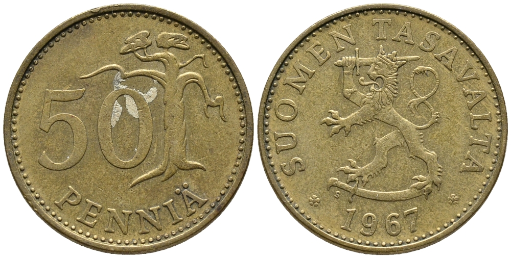 ФИНЛЯНДИЯ 50 ПЕННИ 1967 KM 48 алюминиевая бронза 34-1045