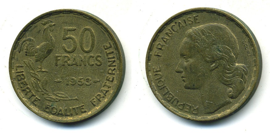 ФРАНЦИЯ 50 ФРАНКОВ 1953 KM 918.1 алюминиевая бронза 84-724