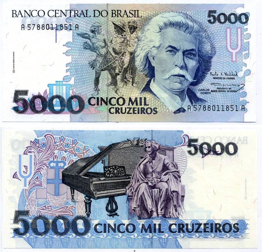 Бразилия 5000 крузейро ND (1990-1993) Карлось Гомес, музыкант, рояль Pick 232с бумага UNC (пресс) 7202-18-1