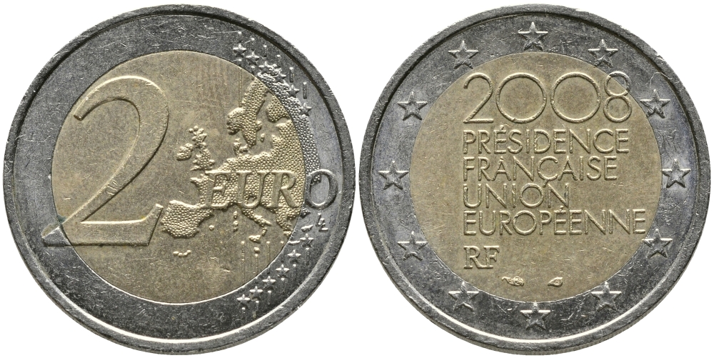 Франция 2 евро 2008 председательство в ЕС KM 1459 биметалл 34-716
