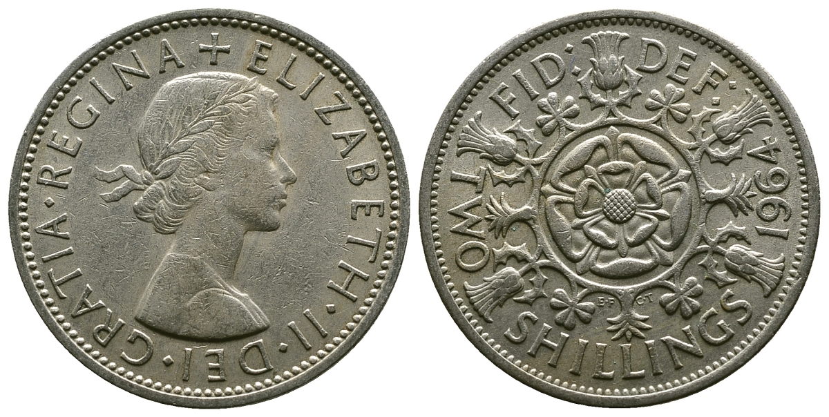 Великобритания 2 шиллинга (флорин) 1964 Елизавета II (1952-2022) KM 906, Spink 4146 медно-никель 4382-511