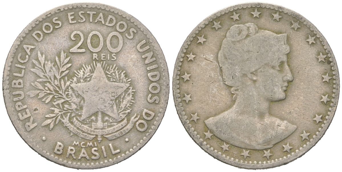 Бразилия 200 реалов 1901 MCMI, голова свободы вправо KM 504 медно-никель 4612-211