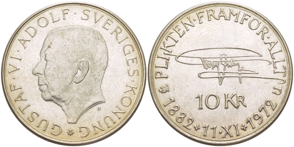 Швеция 10 крон 1972 U, 90 лет со дня рождения Густава VI Адольфа KM 847 серебро 4536-846