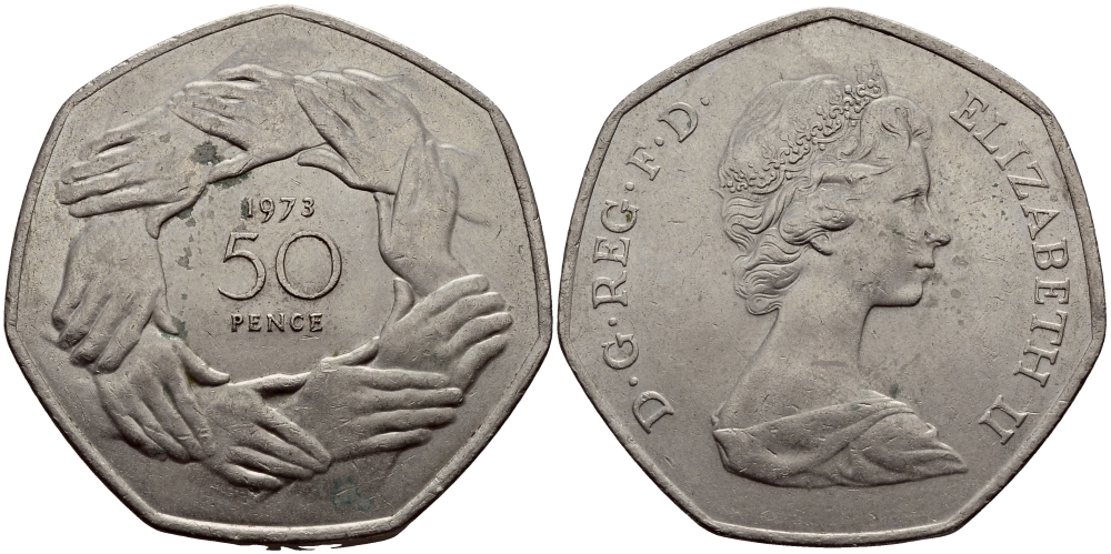 Великобритания 50 пенсов 1973 Елизавета II (1952-2022), вступление в Европейское экономическое сообщество KM 918, Spink 4224 медно-никель 72-111