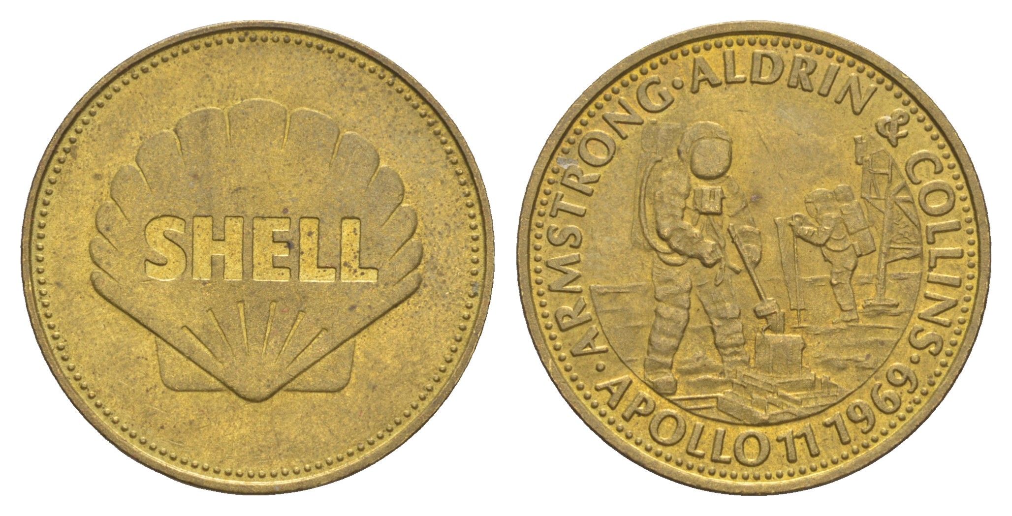 Франция жетон Shell - Человек в полете - Армстронг, Олдрин и Коллинз, Аполлон 11, 1969 1969 диаметр 26 мм, вес 5 гр Kooij RS011.20 сталь плакированная латунью UNC 4175-457