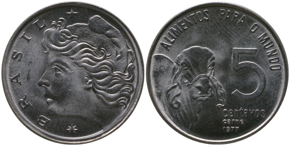 Бразилия 5 сентаво 1977 ФАО KM 587.1, Schon 93 нержавеющая сталь UNC 4577-1137