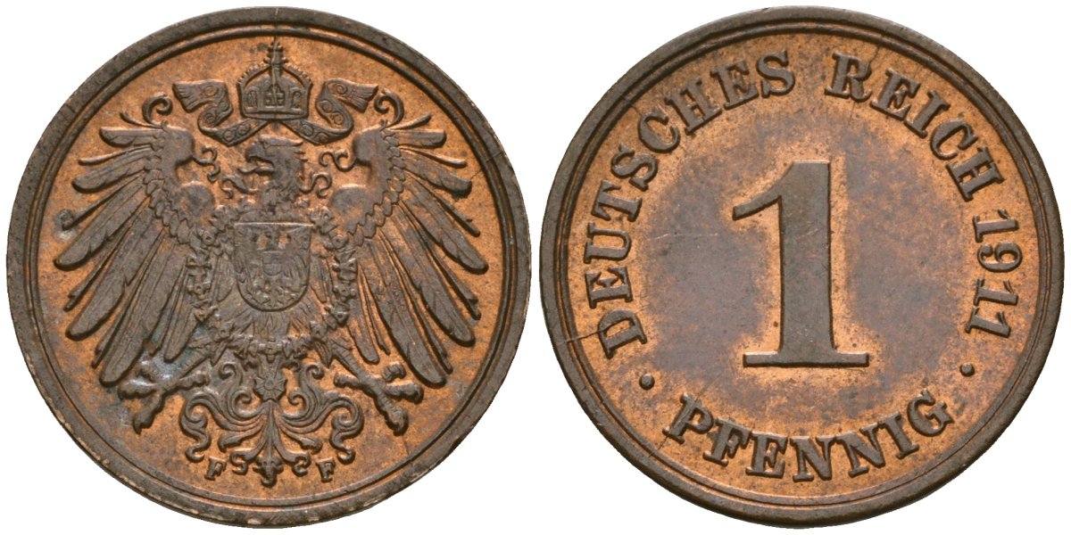 Германия 1 пфенниг 1911 F, Вильгельм II (1888-1918) KM 10, J. 10 медь aUNC 1525-541