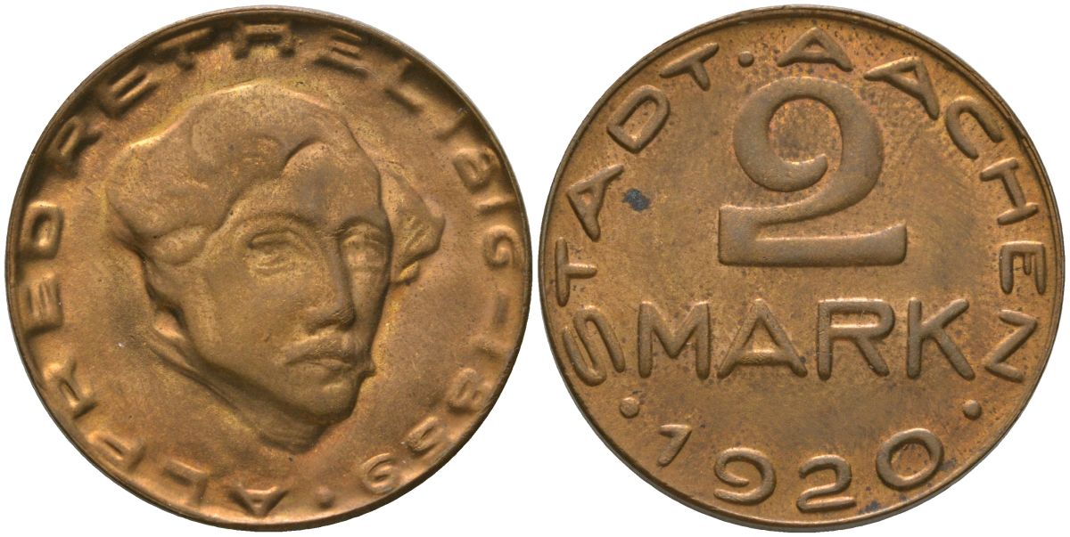Ахен (Пруссия, Рейн) 2 марки 1920 Funck 1.17, Men05 70.63, Men18 99.63 латунь 4163-925