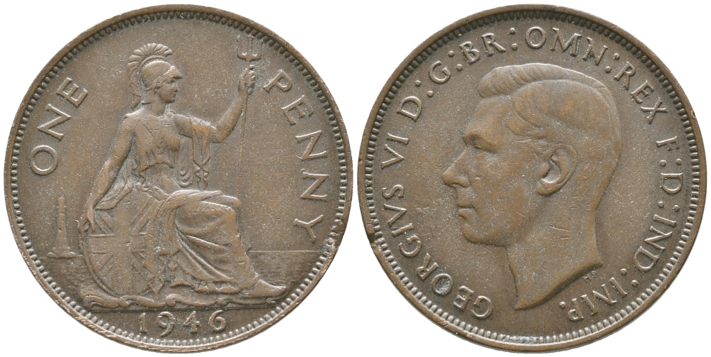 Великобритания 1 пенни 1946 Георг VI (1936-1952) KM 845, Spink 4114 бронза 32-522