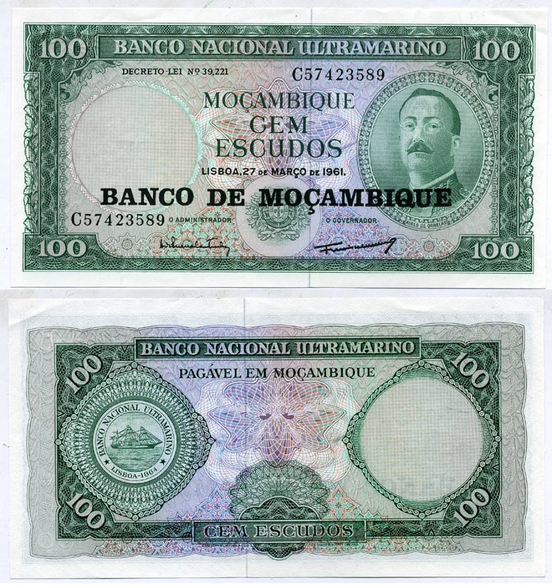 Мозамбик 100 эскудо 1961 (1976) надпечатка на 1961, Айрес де Орнелас  Pick 117 a бумага UNC (пресс) 7146-22-2-1
