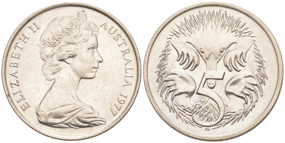 АВСТРАЛИЯ 5 ЦЕНТОВ 1977 ЕЛИЗАВЕТА II, МОЛОДОЙ ПОРТРЕТ, ЕХИДНА KM 64 медно-никель UNC 44-927