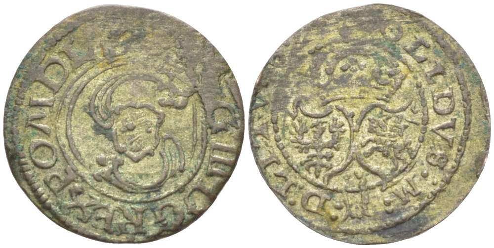 Великое княжество Литовское 2 денария 162Х Сигизмунд III (1587-1632), вес 0,67 гр. KM 31 серебро 1517-115