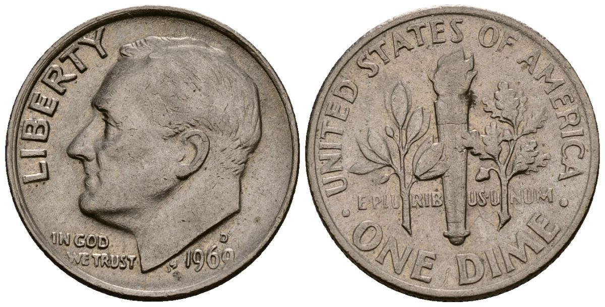 США 10 центов (дайм) 1969 Рузвельт, D KM 195a медь плакированная медно-никелем 4164-948