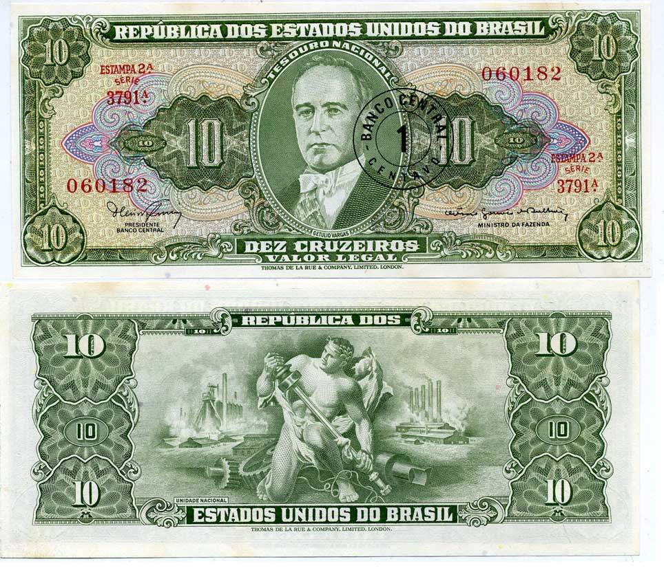 БРАЗИЛИЯ 1 СЕНТАВО 1967 НАДПЕЧАТКА НА 10 КРУЗЕЙРО, СЕРИЯ 3791, ESTAMPA 2A, ЖЕТУЛИУ ВАРГАС Pick 183b бумага UNC (ПРЕСС) 7485-8-2