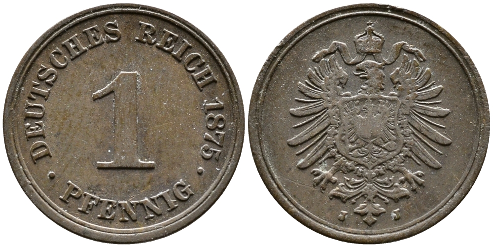 ГЕРМАНИЯ 1 ПФЕННИГ 1875 J, СТАРОГЕРБОВКА KM 1, J. 1 медь 4387-269