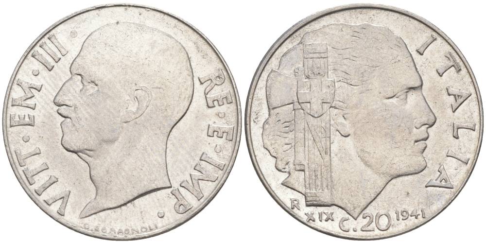 ИТАЛИЯ 20 ЧЕНТЕЗИМО 1941 R, ГОД XIX, ВИКТОР ЭММАНУИЛ III (1900-1946) KM 75b, VEM3. 1028 нержавеющая сталь 3853-1013
