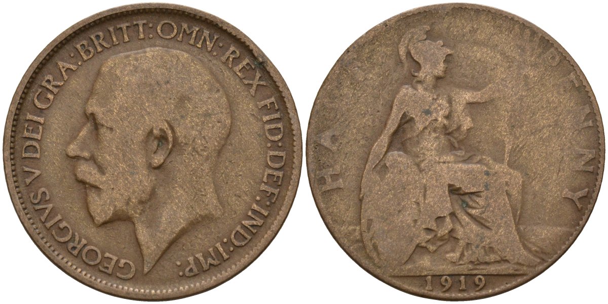 Великобритания 1/2 пенни 1919 Георг V (1910-1936) KM 809, Spink 4056 бронза 4143-654