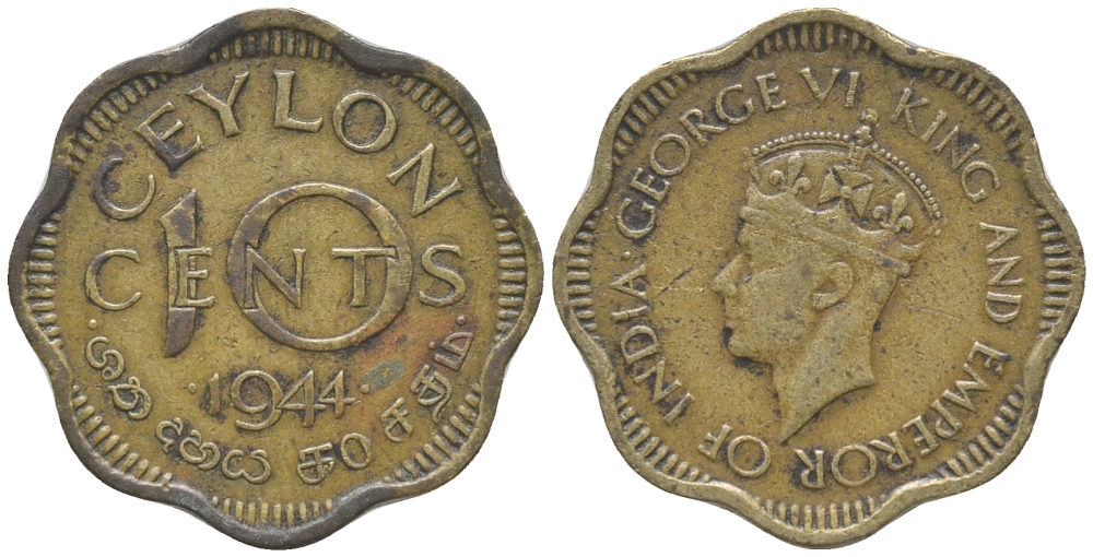 ЦЕЙЛОН 10 ЦЕНТОВ 1944 ГЕОРГ VI KM 118 никель латунь 28-1227