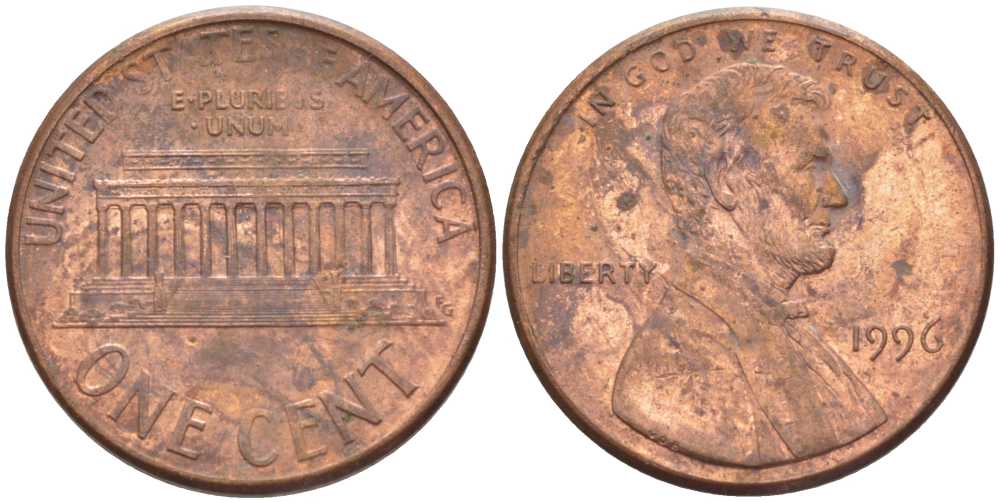 США 1 ЦЕНТ 1996 ЛИНКОЛЬН KM 201b цинк плакированный медью 211-1139