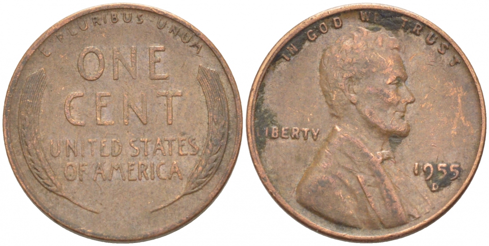 США 1 ЦЕНТ 1955 D, ЛИНКОЛЬН KM А132 медь цинк 218-258