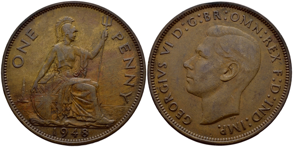 Великобритания 1 пенни 1948 Георг VI (1936-1952) KM 845, Spink 4114 бронза 81-423