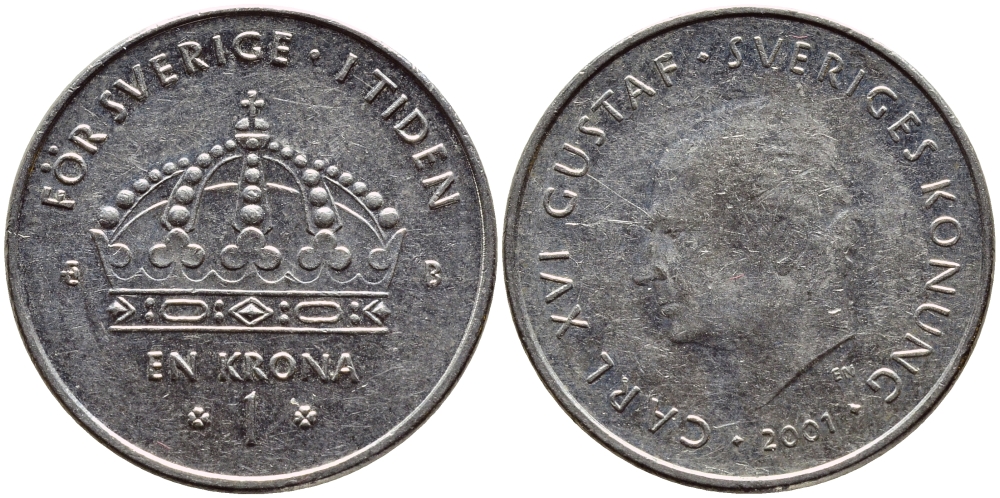 Швеция 1 крона 2001 Карл XVI Густав (1973- ) KM 894 медно-никель 4364-536