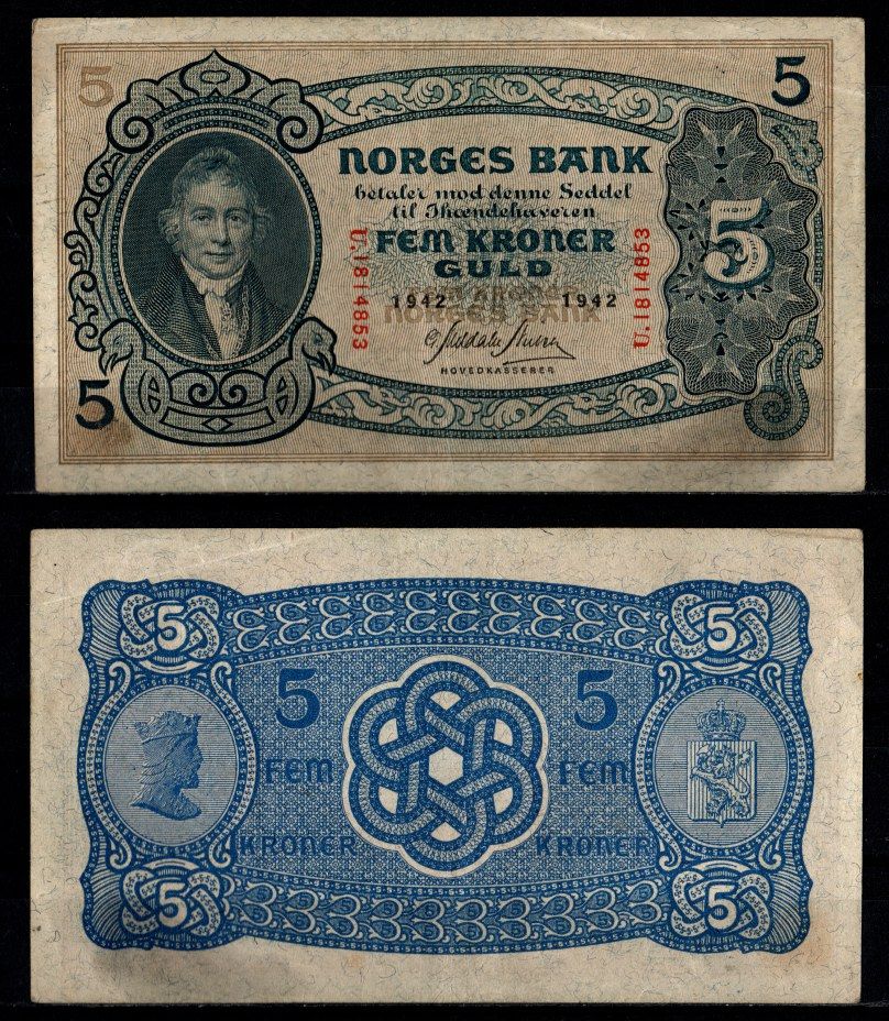 Норвегия 5 крон 1942 Вильгельм Фриман Корен Кристи (1-й председатель норвежского парламента) Pick 7 c бумага 451-1227-2