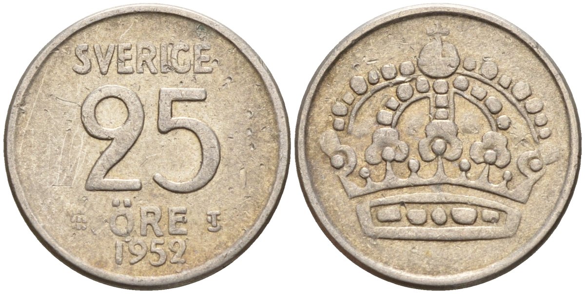Швеция 25 эре 1952 TS, Густав VI Адольф (1950-1973) KM 824 серебро 4147-1024