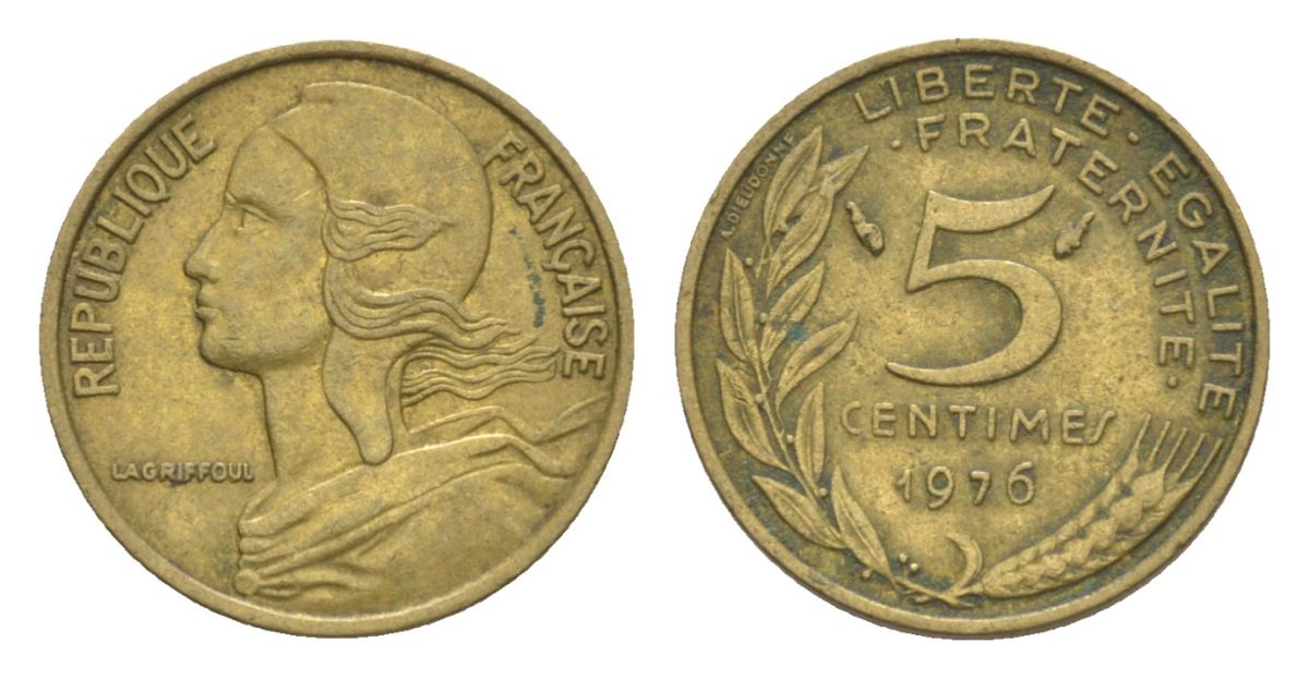 Франция 5 сантимов 1976 тип Morlon KM 933, Le Franc 125.12 алюминиевая бронза 4630-329