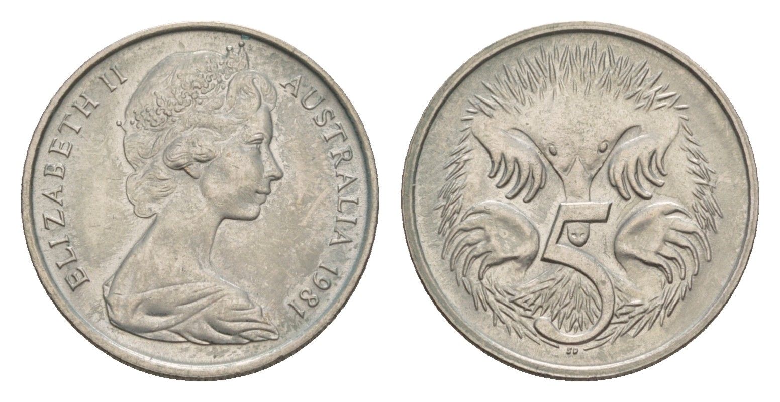 Австралия 5 центов 1981 Елизавета II (1952-2022) молодой портрет, ехидна KM 64 медно-никель UNC 4658-111