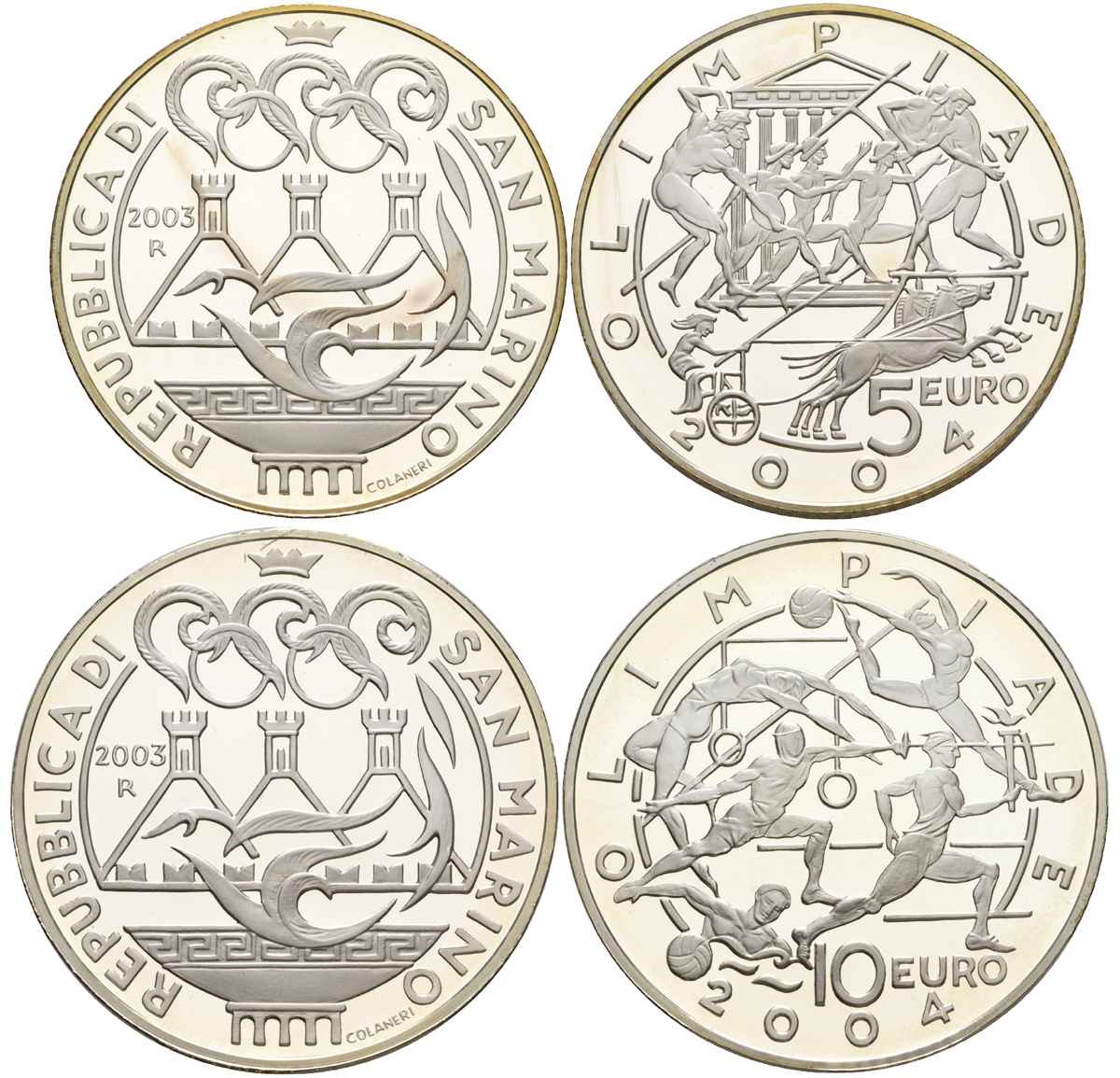 Сан-Марино набор 5 и 10 евро 2003 Олимпийские игры в Афинах 2004, виды спорта, в оригинальной коробке, с сертификатом KM 453, 454 серебро PROOF 7-1-65
