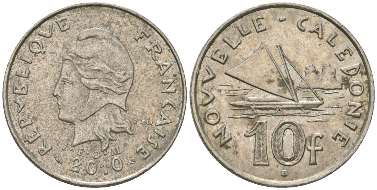Французская Новая Каледония 10 франков 2010 рыбачья парусная лодка, (IEOM) KM 11a, Schoen 13a, Lec 99k медно-никель 63-412